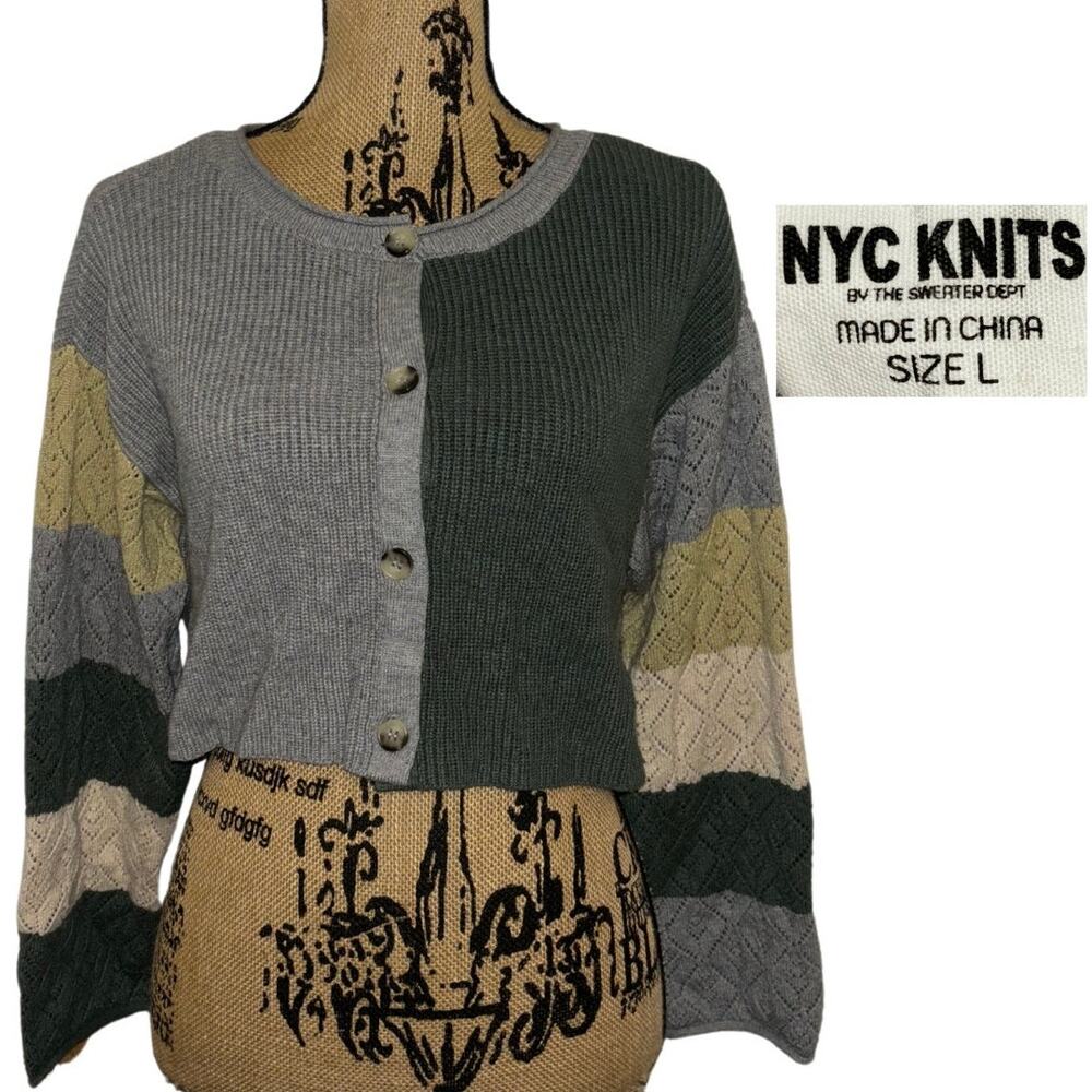 NYC Knits Cropped Cardigan Gray Green Yellow Stripes Size Large Asymmetrical